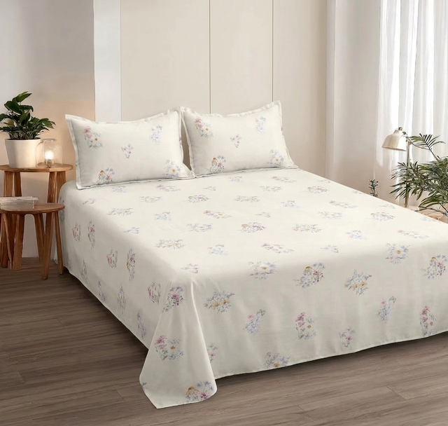 Double Bed Polycot Bedsheet, Ivory Posy