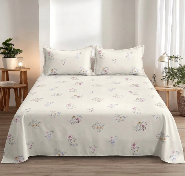 Double Bed Polycot Bedsheet, Ivory Posy