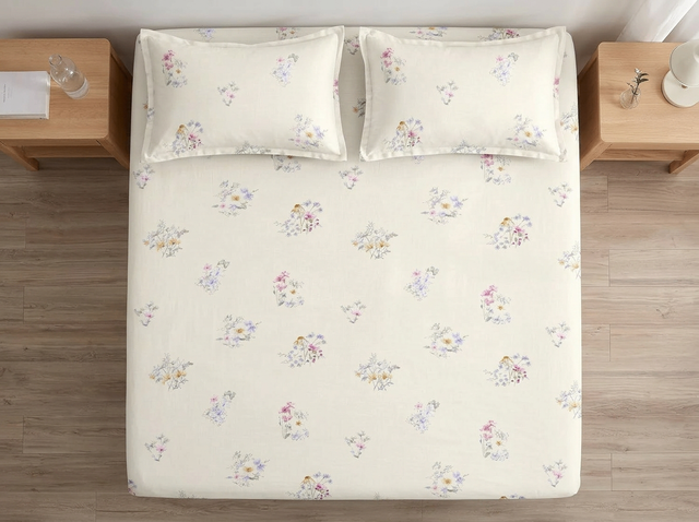 Double Bed Polycot Bedsheet, Ivory Posy
