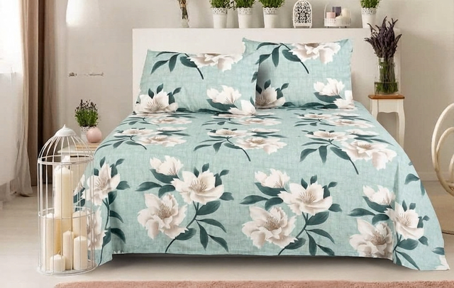 Double Bed Polycot Bedsheet, Teal Magnolia