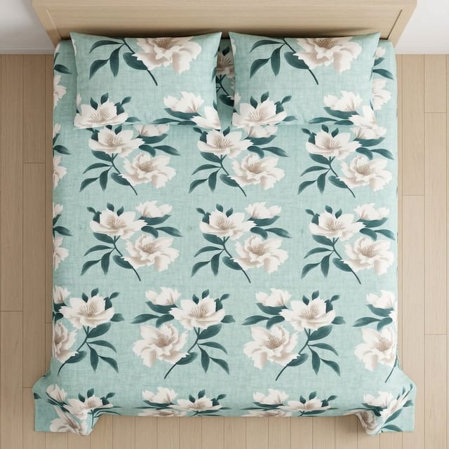 Double Bed Polycot Bedsheet, Teal Magnolia