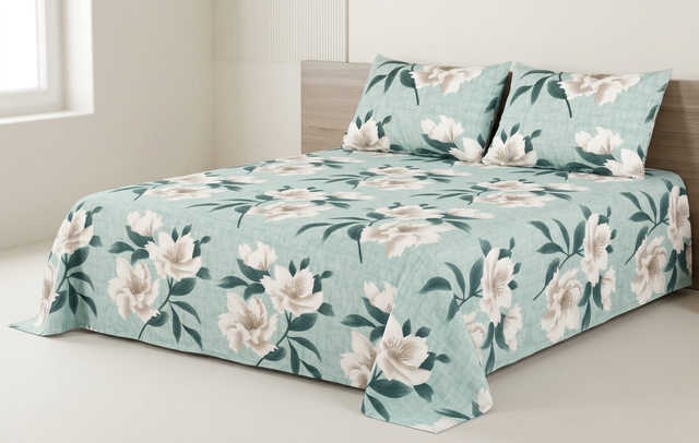 Double Bed Polycot Bedsheet, Teal Magnolia