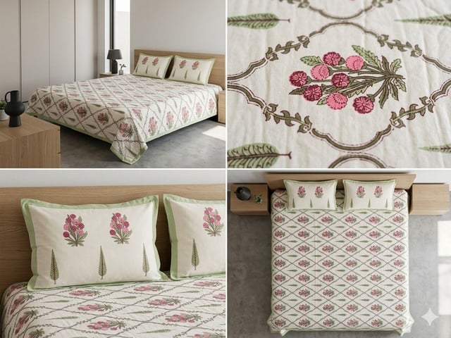 Double Bed XL Jaipuri Cotton Bedsheet, Magenta Vine