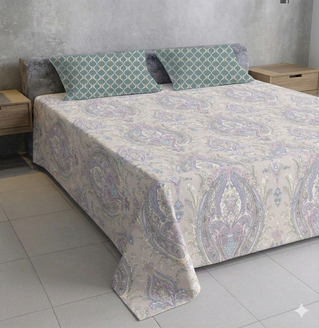 King Size Polycot Bedsheet, Lilac Damask