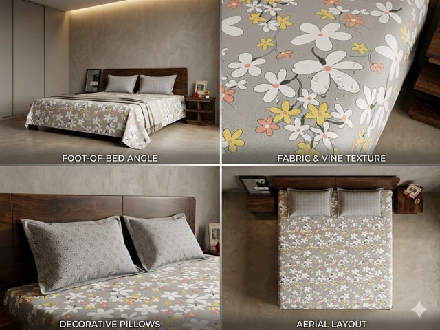 King Size Polycot Bedsheet, Grey Blossom