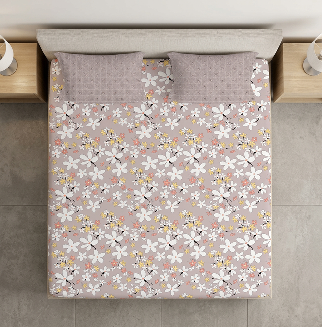 King Size Polycot Bedsheet, Pink Daisy