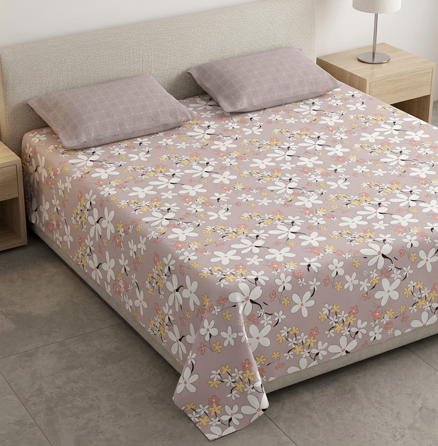 King Size Polycot Bedsheet, Pink Daisy