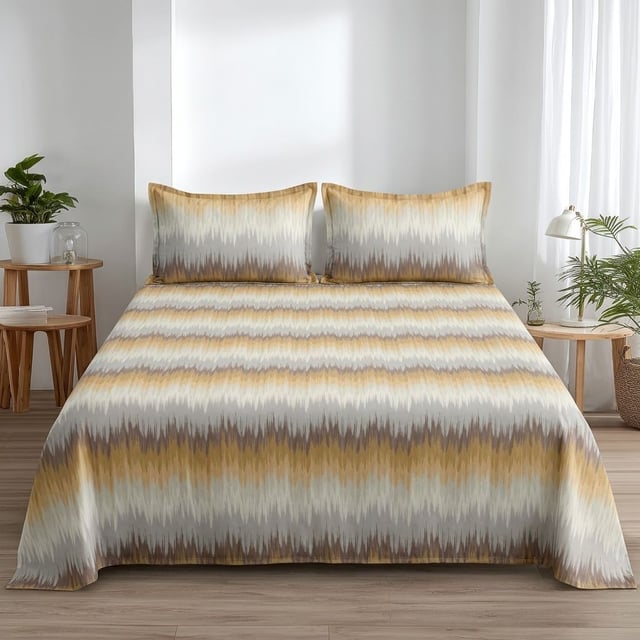 King Size Polycot Bedsheet, Mustard Ikat