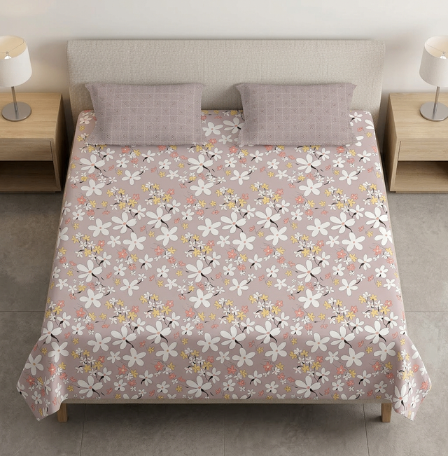King Size Polycot Bedsheet, Pink Daisy