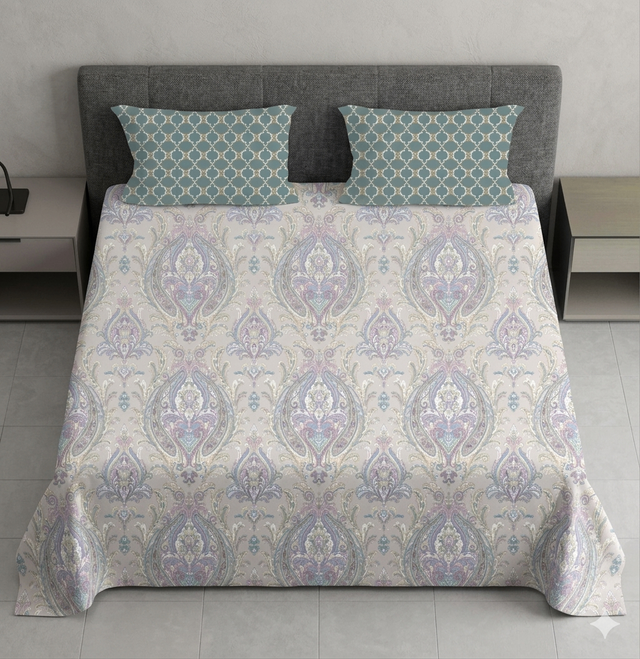 King Size Polycot Bedsheet, Lilac Damask