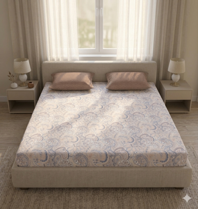 King Size Polycot Bedsheet, Powder Paisley