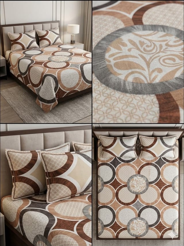 Double Bed Cotton Casement Bedsheet, Terra Circles