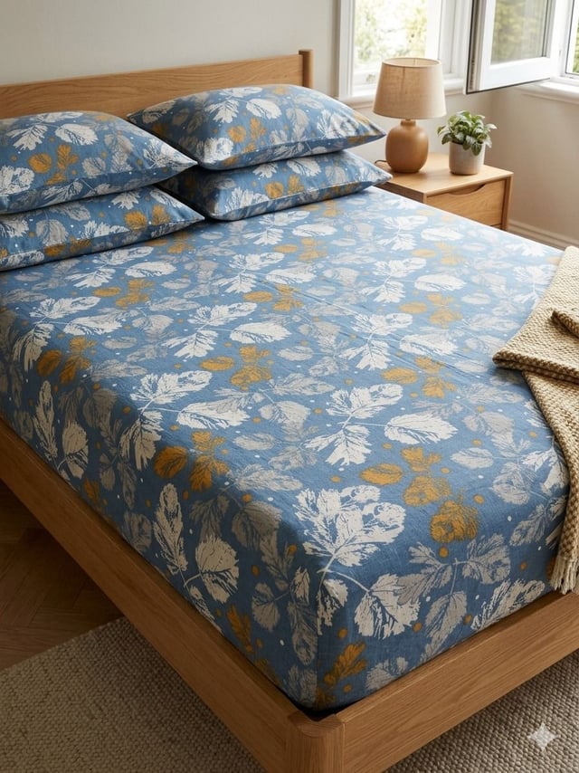 Double Bed Cotton Casement Bedsheet, Indigo Leaf