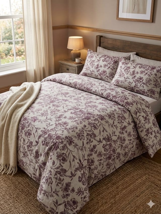 Double Bed Cotton Casement Bedsheet, Mauve Vine