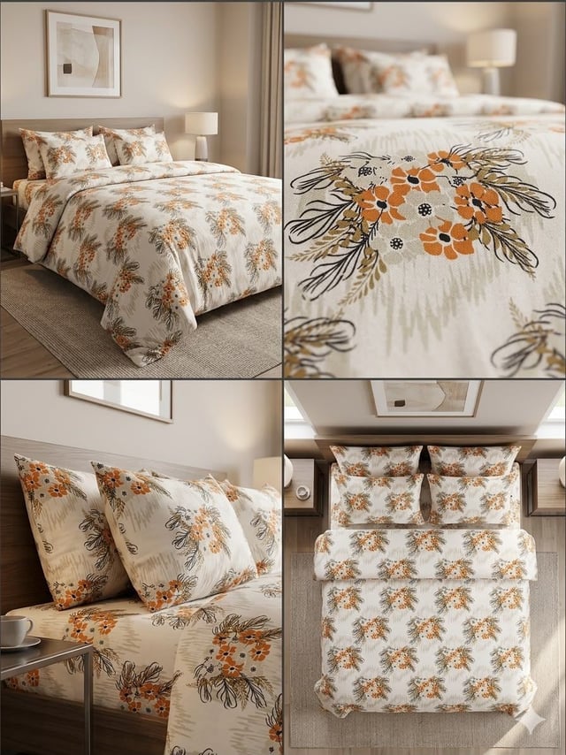 Double Bed Cotton Casement Bedsheet, Autumn Sprig