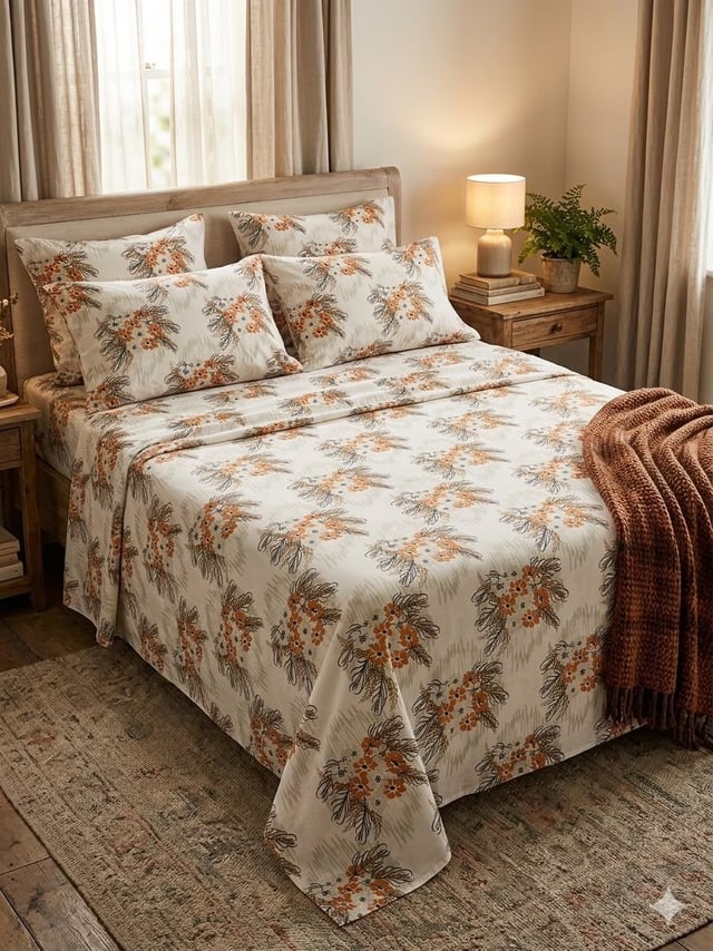 Double Bed Cotton Casement Bedsheet, Autumn Sprig