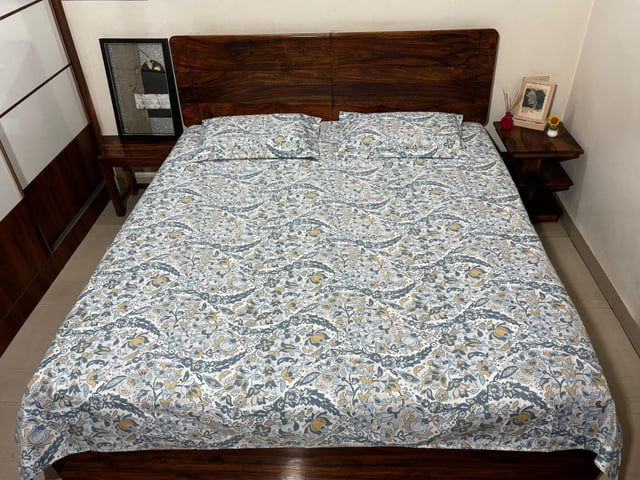 Double Bed Polycot Bedsheet, Jacobean Blue