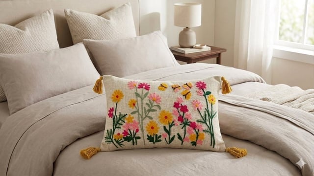 Lumbar Handloom Cushion 12×20, Wildflower Bee