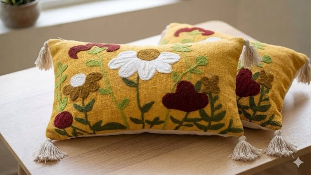 Lumbar Handloom Cushion 12×20, Daisy Meadow