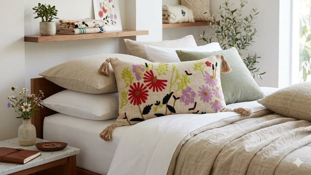 Lumbar Handloom Cushion 12×20, Summer Meadow