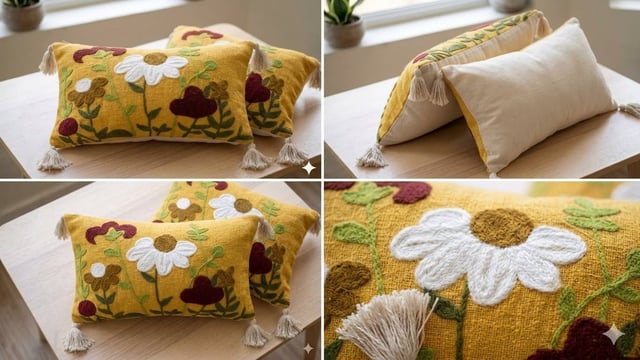 Lumbar Handloom Cushion 12×20, Daisy Meadow