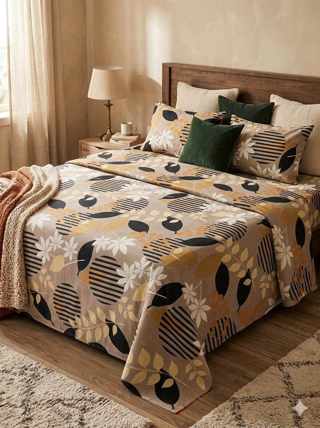 King Size Cotton Casement Bedsheet, Taupe Foliage