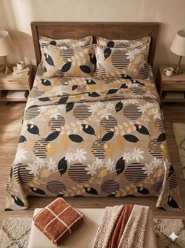 King Size Cotton Casement Bedsheet, Taupe Foliage