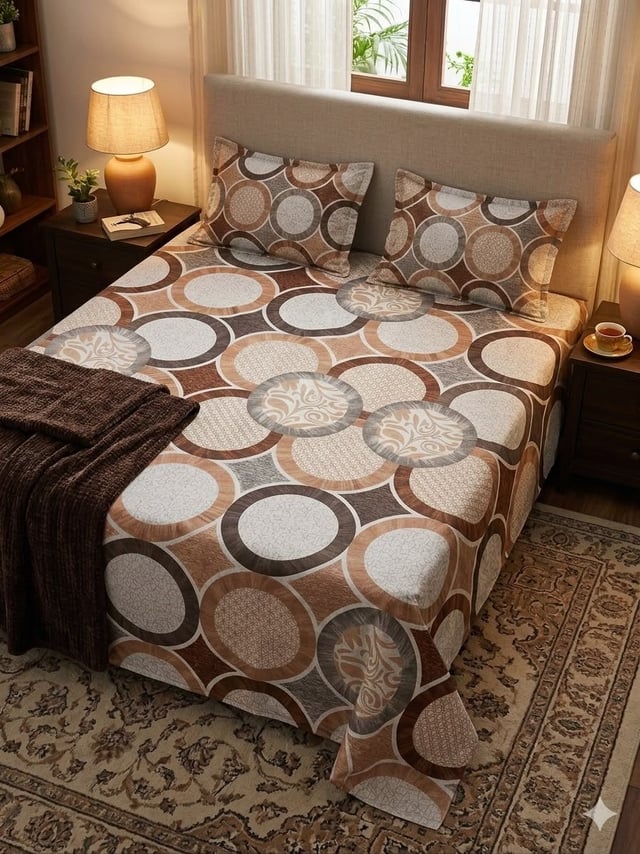King Size Cotton Casement Bedsheet, Terra Circles