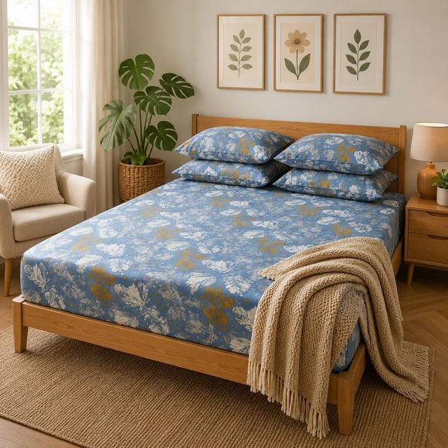 Double Bed Cotton Casement Bedsheet, Indigo Leaf