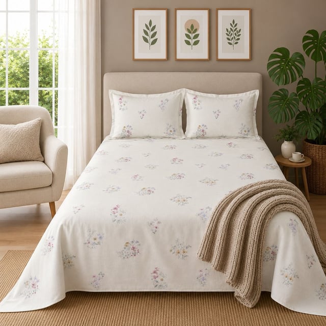 Double Bed Polycot Bedsheet, Ivory Posy