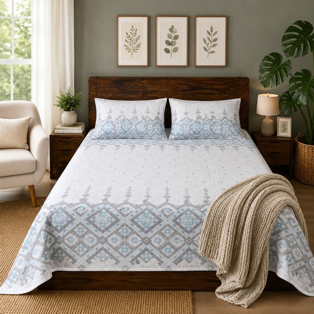 Double Bed Polycot Bedsheet, Aztec Aqua