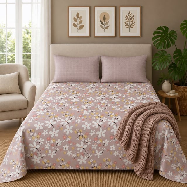 King Size Polycot Bedsheet, Pink Daisy