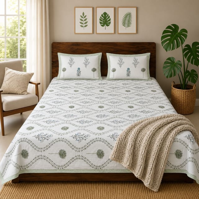 Double Bed XL Jaipuri Cotton Bedsheet, Sage Jaal