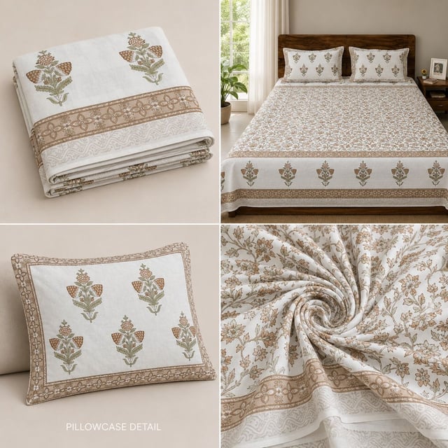 Double Bed XL Jaipuri Cotton Bedsheet, Sage Booti