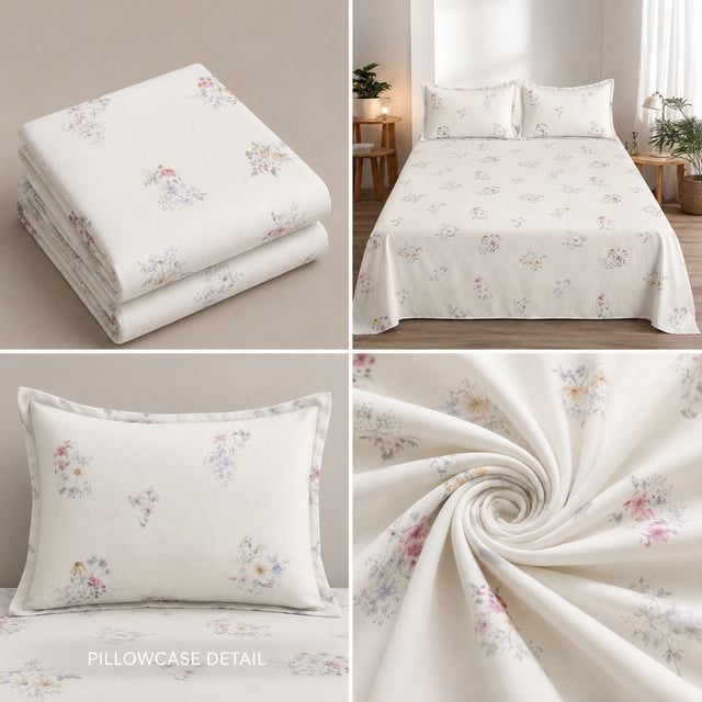 Double Bed Polycot Bedsheet, Ivory Posy