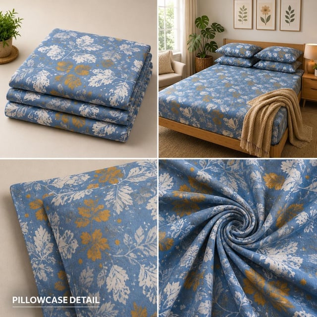 King Size Cotton Casement Bedsheet, Indigo Leaf
