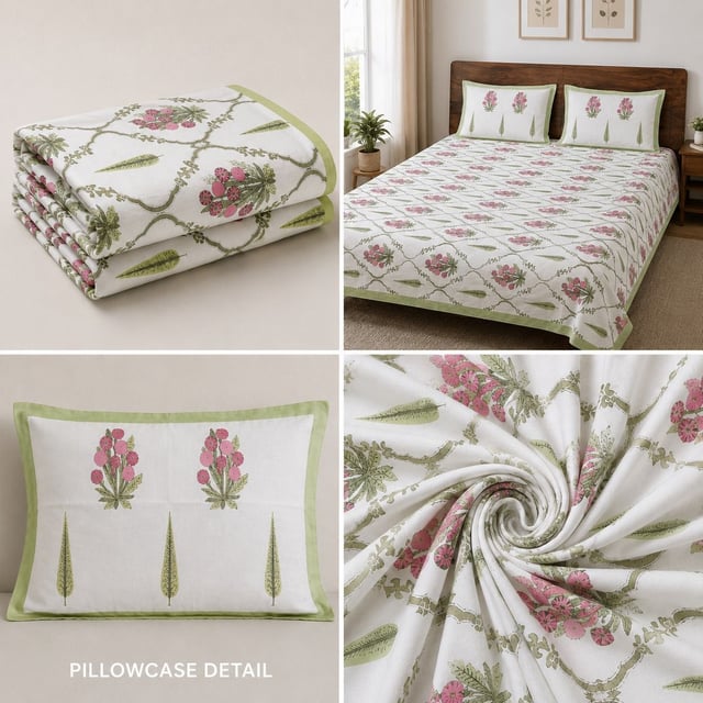 Double Bed XL Jaipuri Cotton Bedsheet, Magenta Vine