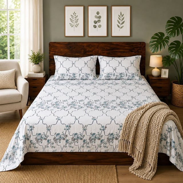 Double Bed Polycot Bedsheet, Teal Trellis