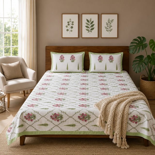 Double Bed XL Jaipuri Cotton Bedsheet, Magenta Vine