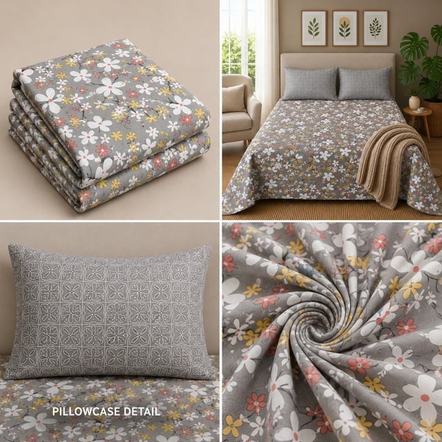 King Size Polycot Bedsheet, Grey Blossom