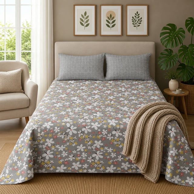 King Size Polycot Bedsheet, Grey Blossom
