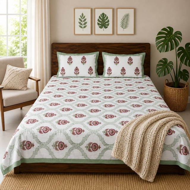 Double Bed XL Jaipuri Cotton Bedsheet, Maroon Booti