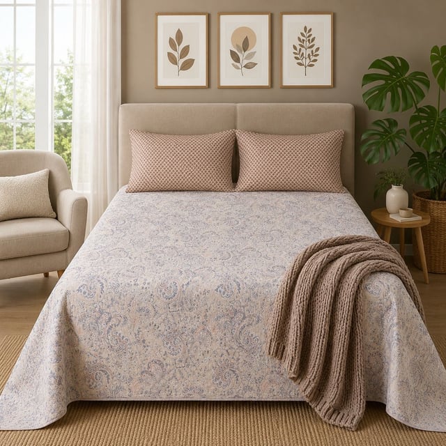 King Size Polycot Bedsheet, Powder Paisley