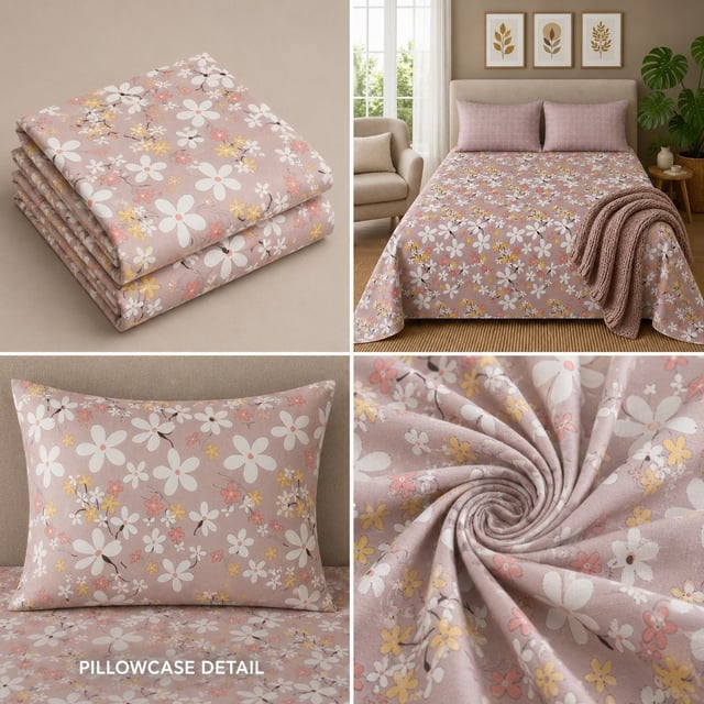 King Size Polycot Bedsheet, Pink Daisy