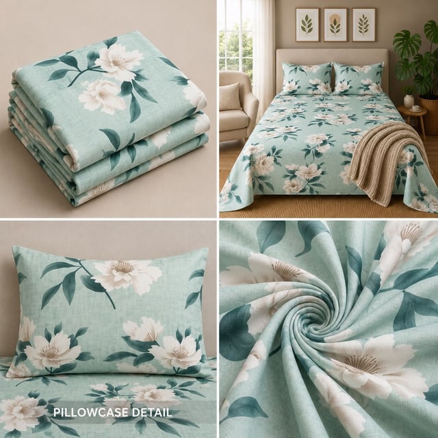 Double Bed Polycot Bedsheet, Teal Magnolia