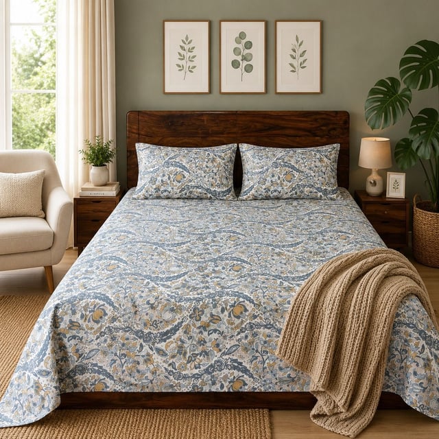 Double Bed Polycot Bedsheet, Jacobean Blue