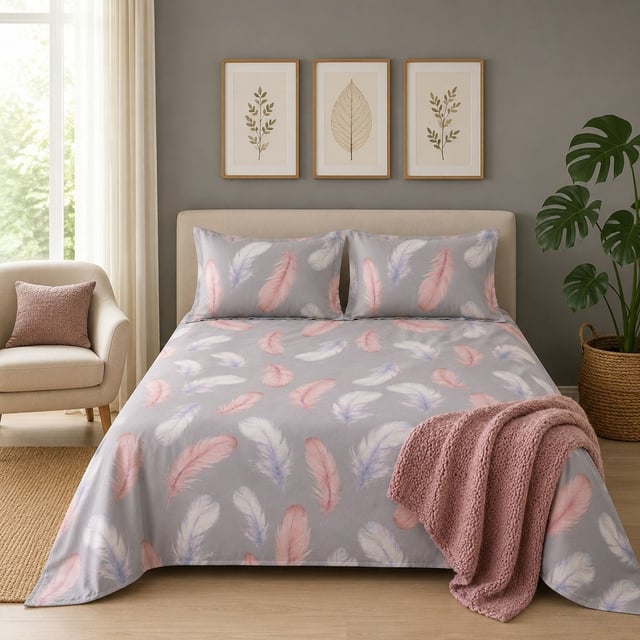 Double Bed Polycot Bedsheet, Feather Grey