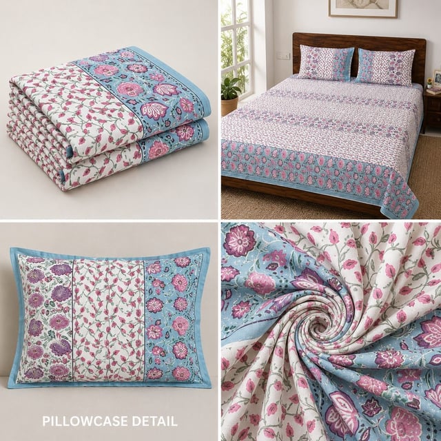 Double Bed XL Jaipuri Cotton Bedsheet, Rose Stripe
