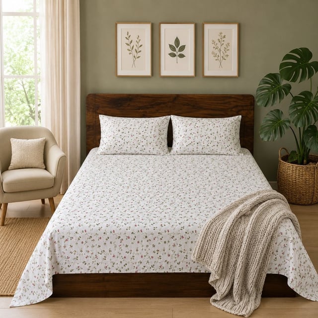 Double Bed Polycot Bedsheet, Ditsy Garden