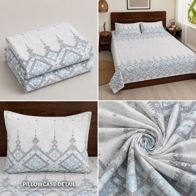 Double Bed Polycot Bedsheet, Aztec Aqua